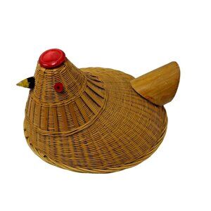 Vintage Rooster Chicken Woven Wicker Basket Lid